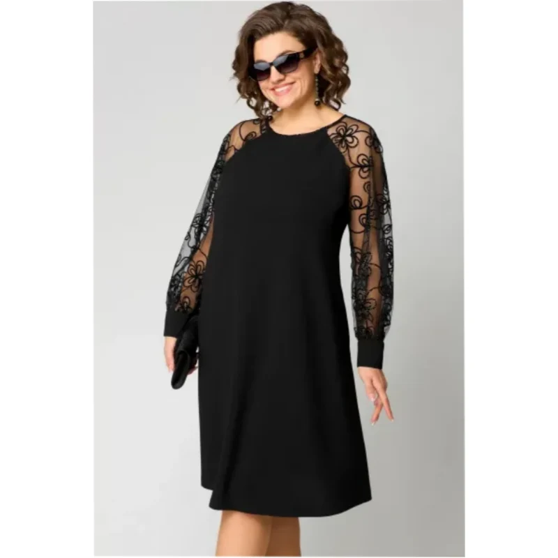 Damen Spitzenkleid mit Rundhals | Taillierte Passform & lange Spitzenärmel | Knielang in Schwarz für elegante Anlässe