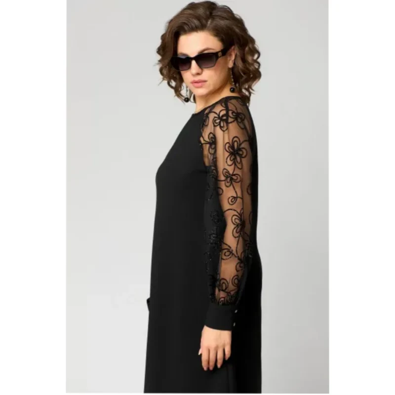 Damen Spitzenkleid mit Rundhals | Taillierte Passform & lange Spitzenärmel | Knielang in Schwarz für elegante Anlässe