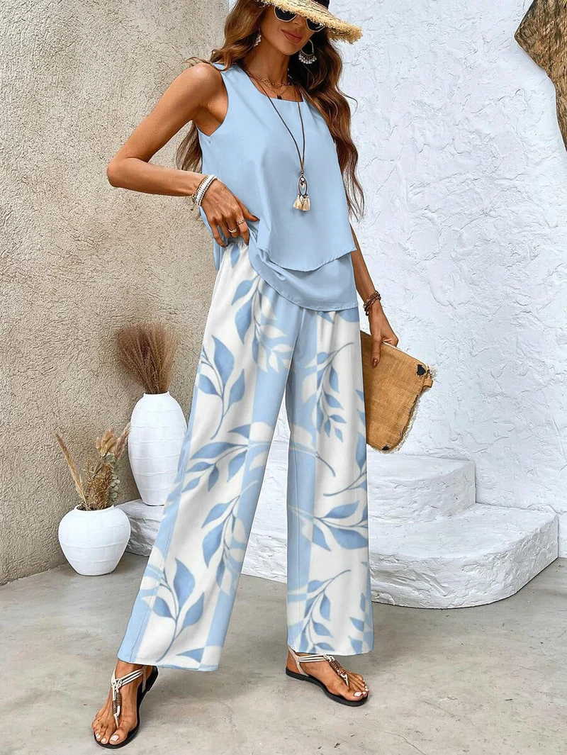 Zweiteiliges Ärmelloses Damenoberteil Und Gerade Geschnittene Hose | Chic