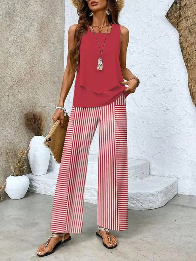 Zweiteiliges Ärmelloses Damenoberteil Und Gerade Geschnittene Hose | Chic
