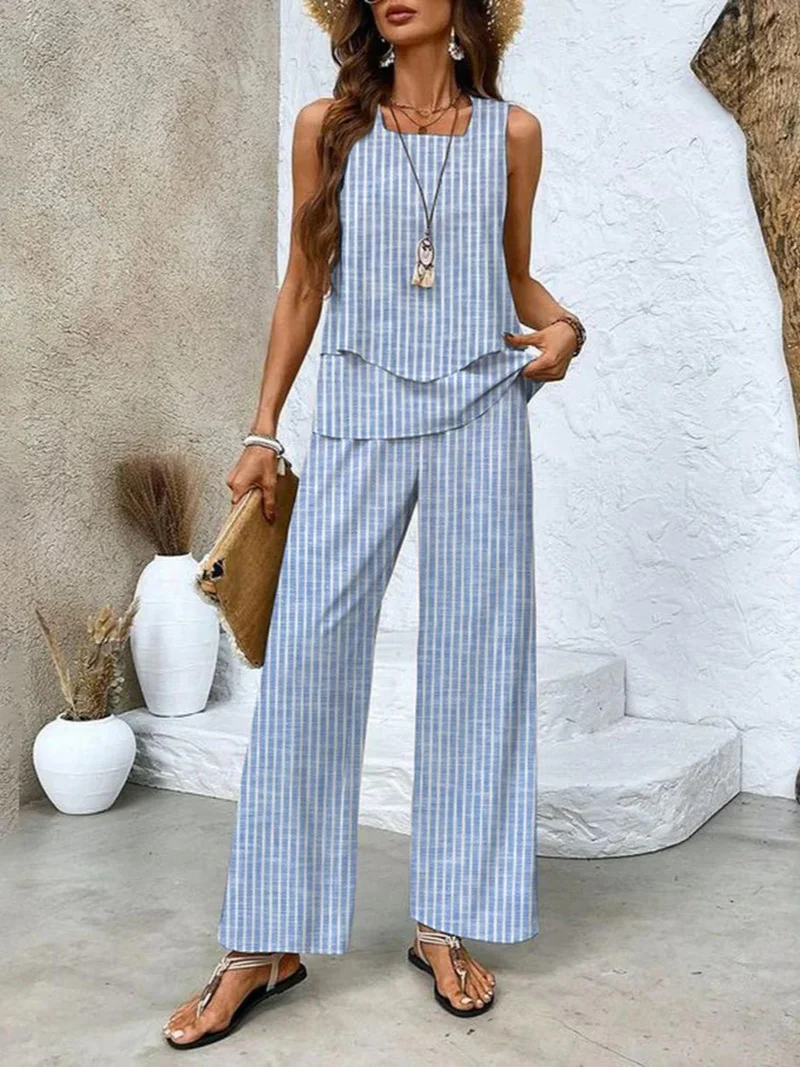 Zweiteiliges Ärmelloses Damenoberteil Und Gerade Geschnittene Hose | Chic