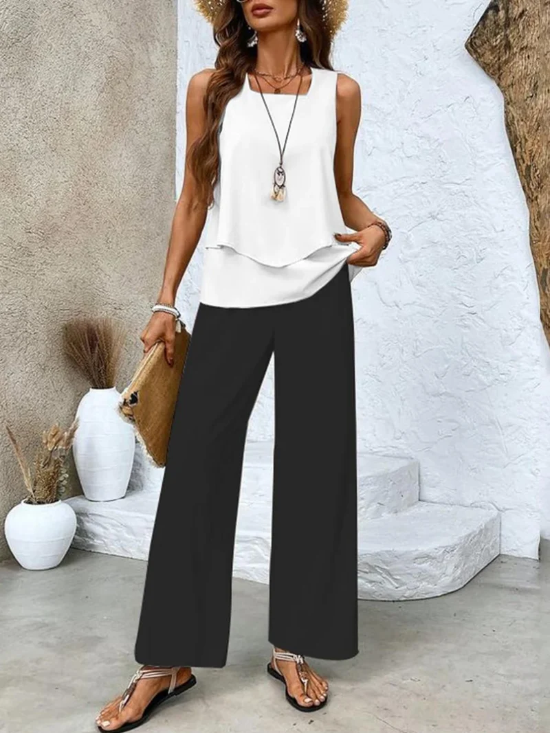 Zweiteiliges Ärmelloses Damenoberteil Und Gerade Geschnittene Hose | Chic