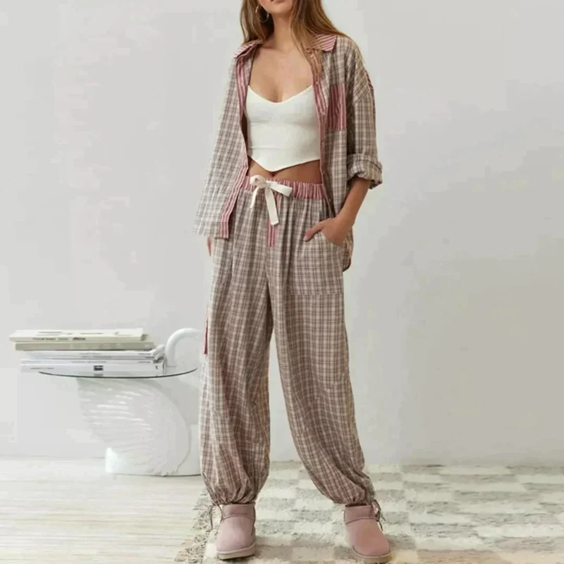 Amara Pyjama-Set kariert | Baumwolle-Polyester-Mix | weich & bequem für alle Jahreszeiten | lässig-elegant | Größen S–2XL