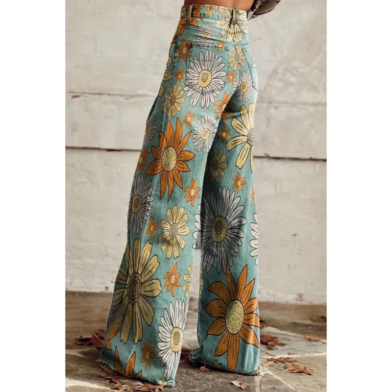 Kennedi | Damen Lässiges Blumen Weitem Bein Hose | Jahrgang