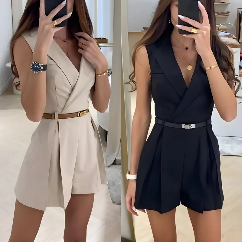 Damen Eleganter Gürtel Wickel Stil Kragen Overall | Ärmellos