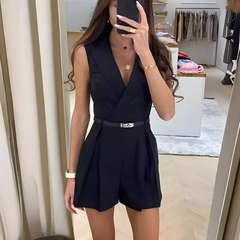 Damen Eleganter Gürtel Wickel Stil Kragen Overall | Ärmellos