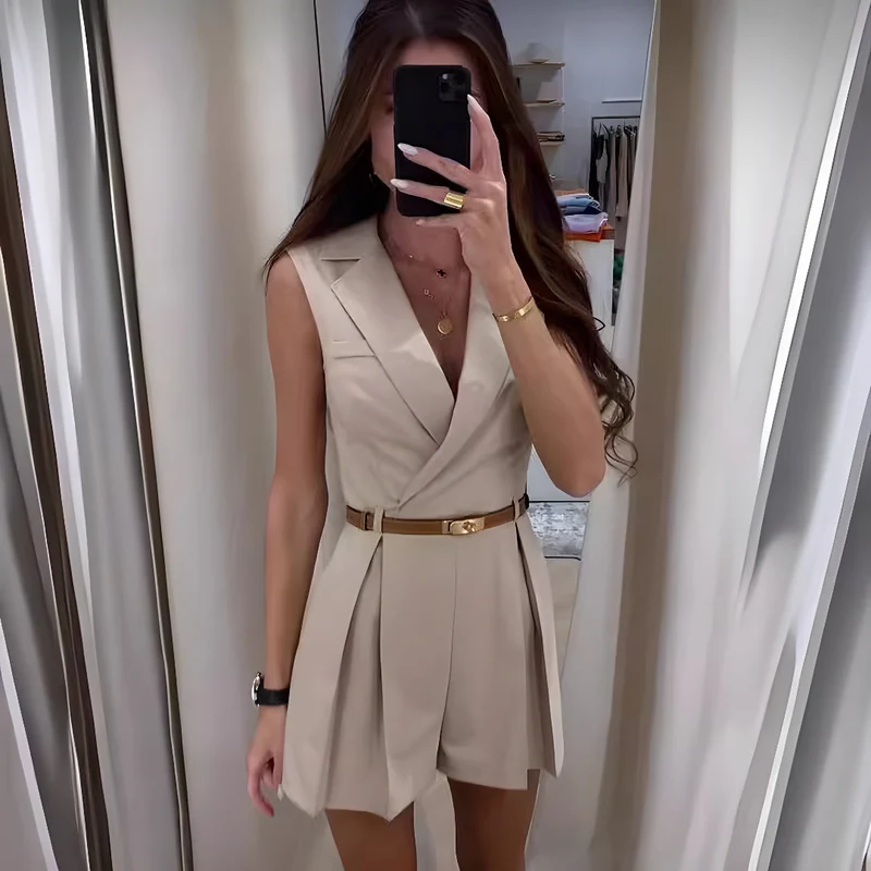 Damen Eleganter Gürtel Wickel Stil Kragen Overall | Ärmellos