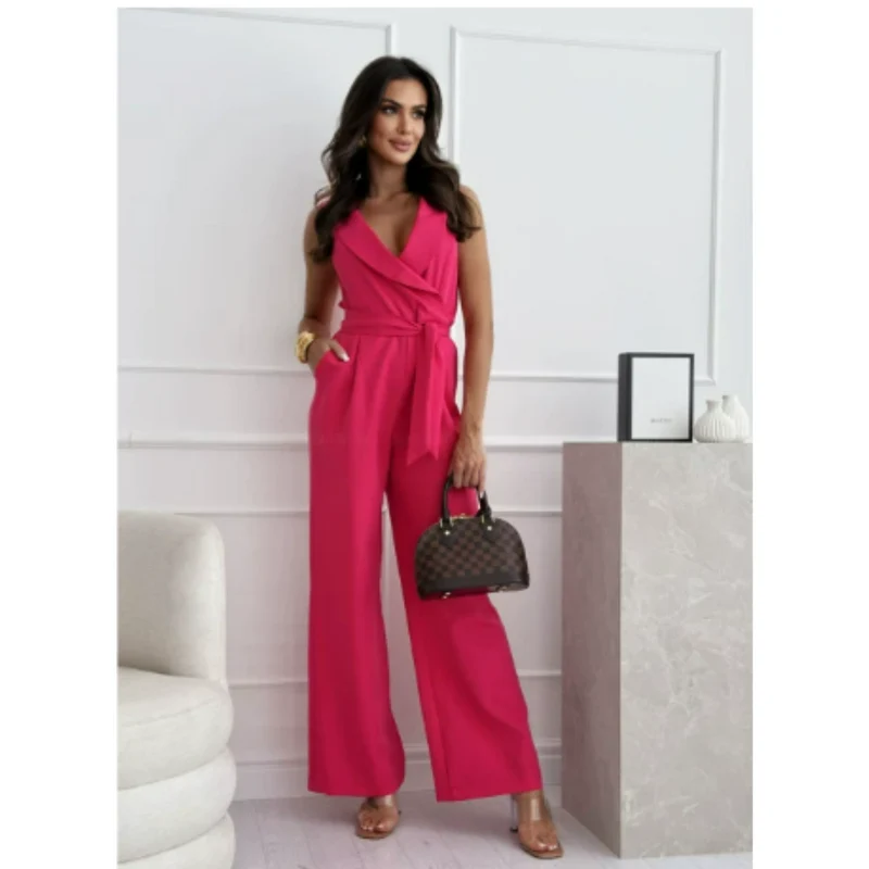 Damen Ärmellos Weites Bein Jumpsuit | V Ausschnitt