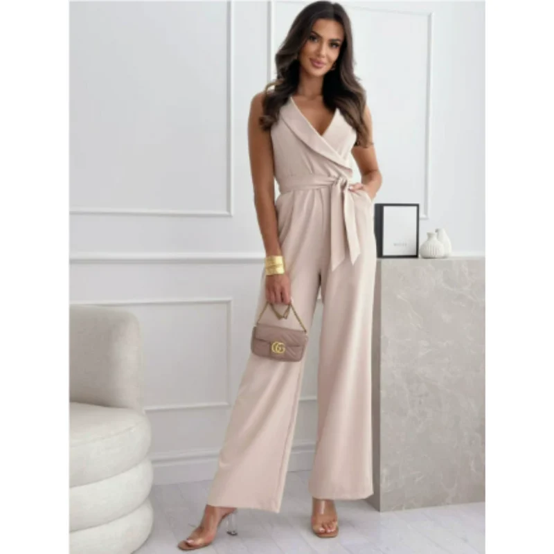 Damen Ärmellos Weites Bein Jumpsuit | V Ausschnitt