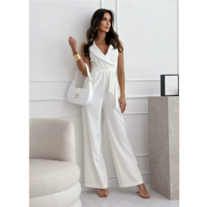 Damen Ärmellos Weites Bein Jumpsuit | V Ausschnitt