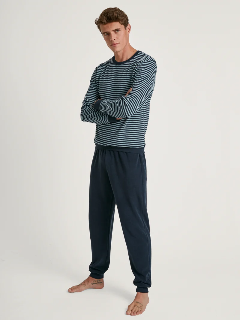 HERREN Pyjama mit Bündchen, blue satin